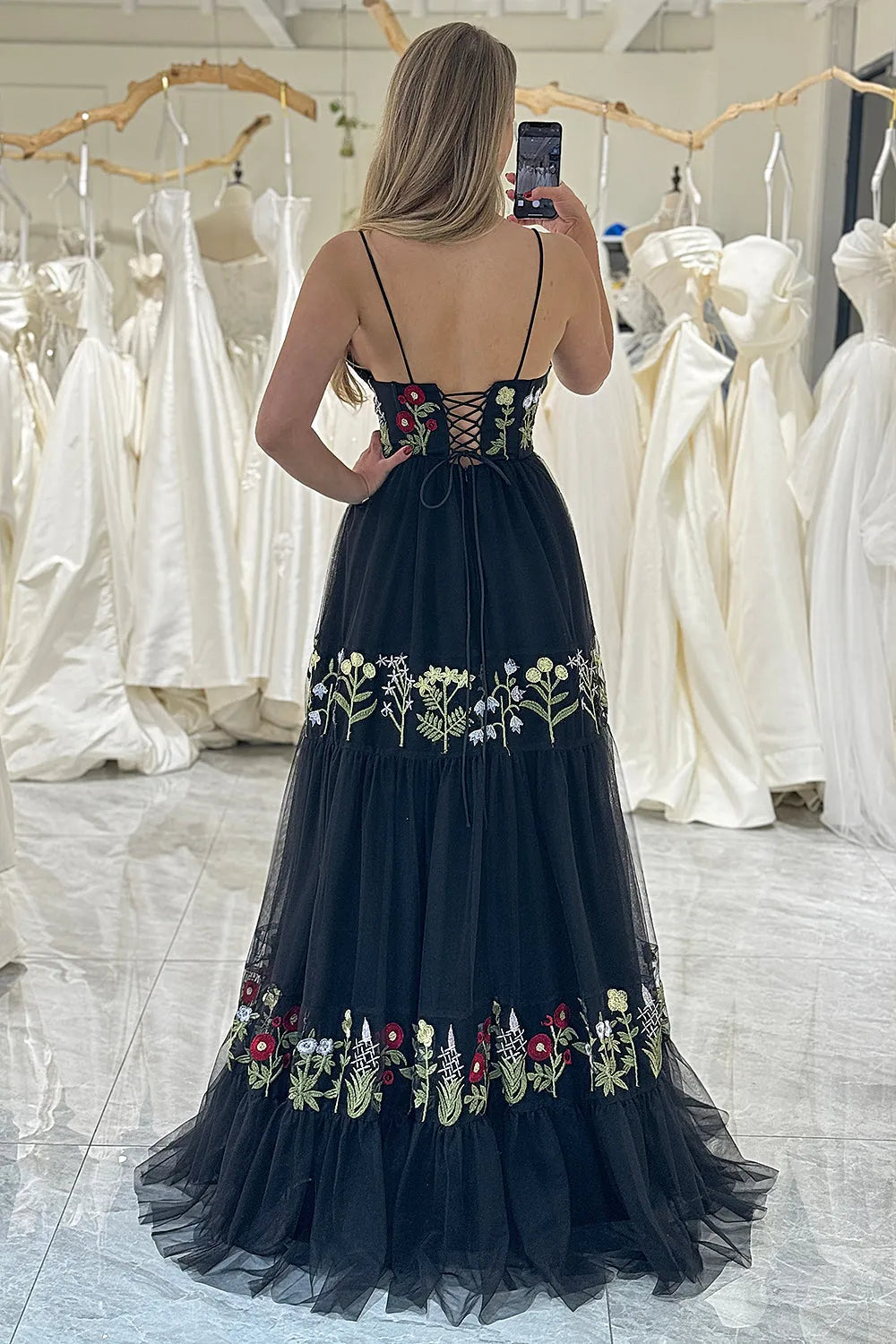 Wholesale Black A Line Lace Up Long Tulle Prom Dress With Embroidery prom dresses shops