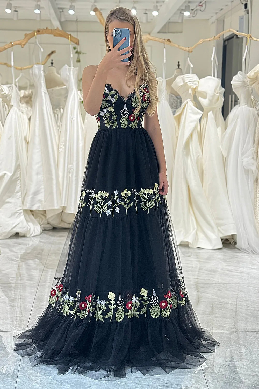 Wholesale Black A Line Lace Up Long Tulle Prom Dress With Embroidery prom dresses shops