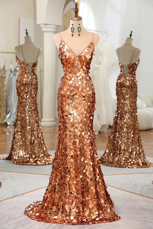 Wholesale Sparkly Rose Golden Mermaid Spaghetti Straps Long Sequin Prom Dress With Split prom dresses shops