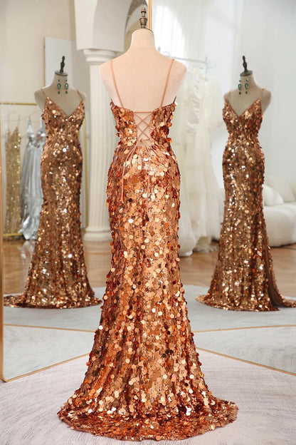 Wholesale Sparkly Rose Golden Mermaid Spaghetti Straps Long Sequin Prom Dress With Split prom dresses shops