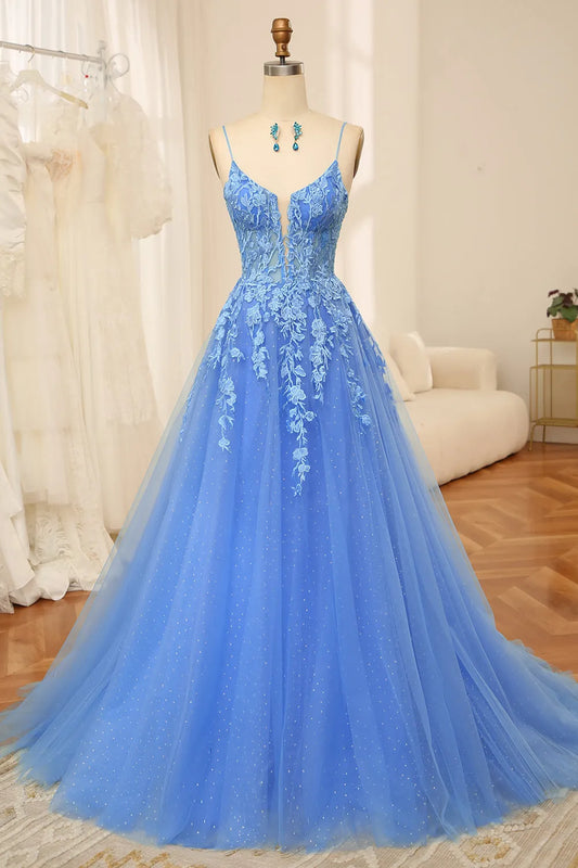 Wholesale A-Line Spaghetti Straps Zipper Back Long Tulle Prom Dress With Appliques prom dresses shops