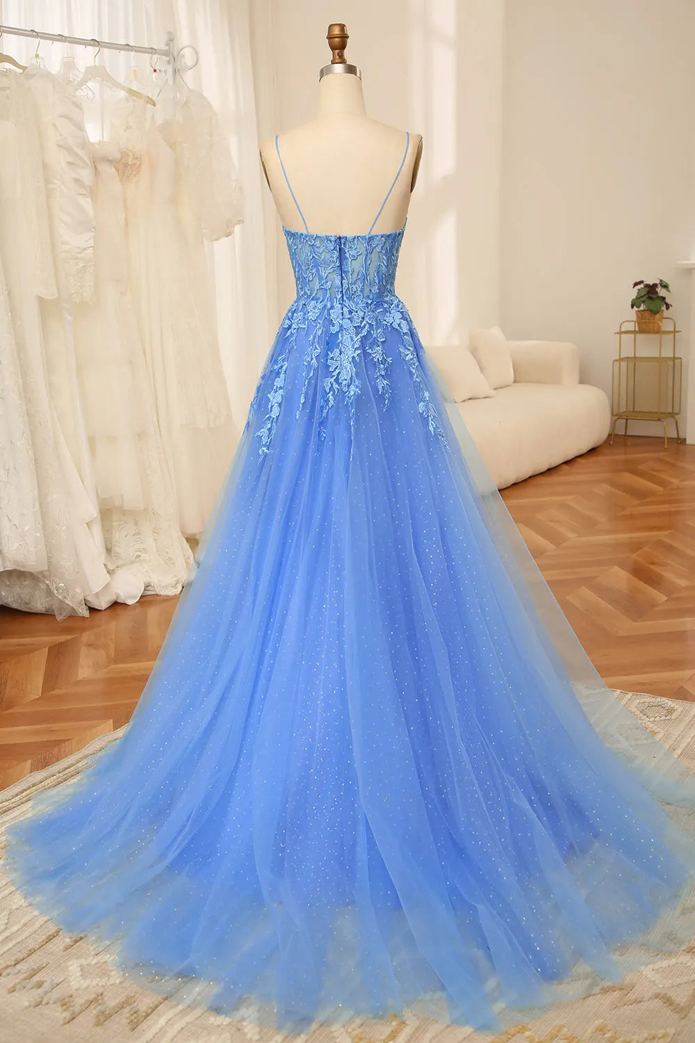 Wholesale A-Line Spaghetti Straps Zipper Back Long Tulle Prom Dress With Appliques prom dresses shops