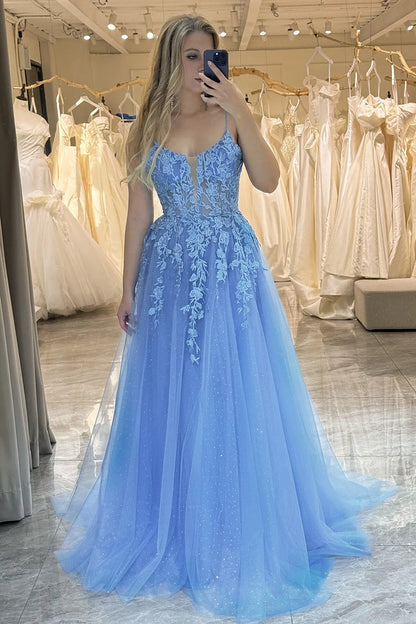 Wholesale A-Line Spaghetti Straps Zipper Back Long Tulle Prom Dress With Appliques prom dresses shops