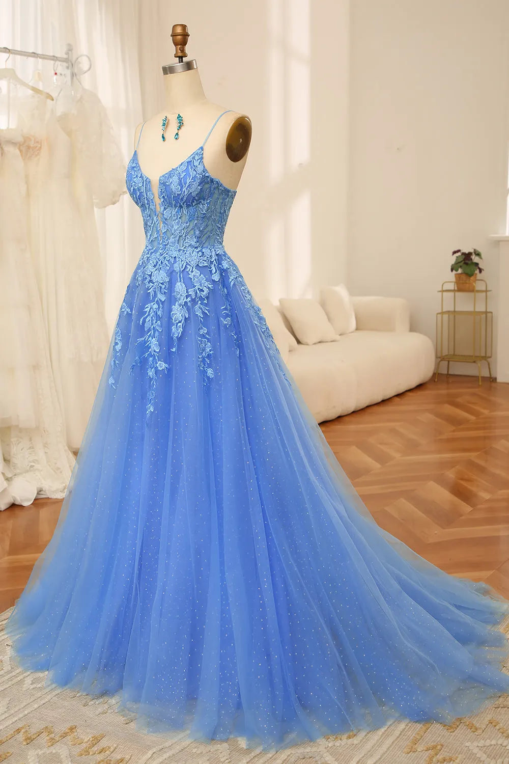 Wholesale A-Line Spaghetti Straps Zipper Back Long Tulle Prom Dress With Appliques prom dresses shops