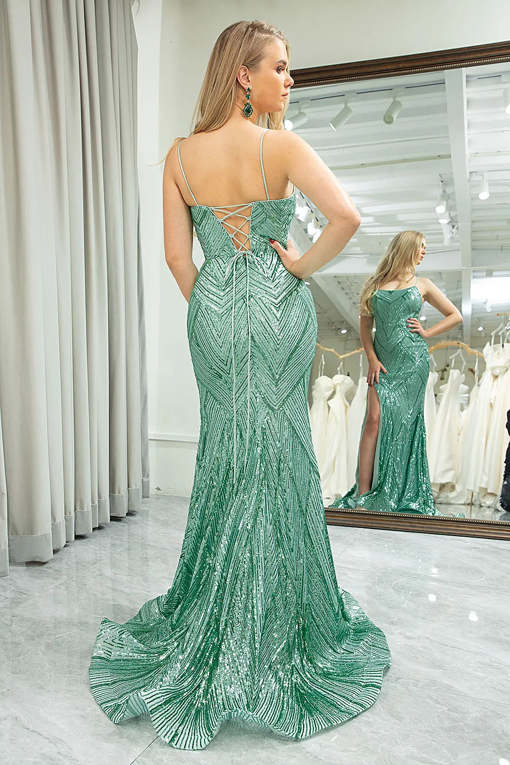 Wholesale Sparkly Green Mermaid Lace Up Back Long Prom Dress With Slit prom dresses shops