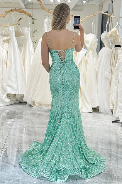 Wholesale Sparkly Green Mermaid Lace Up Back Long Prom Dress With Slit prom dresses shops