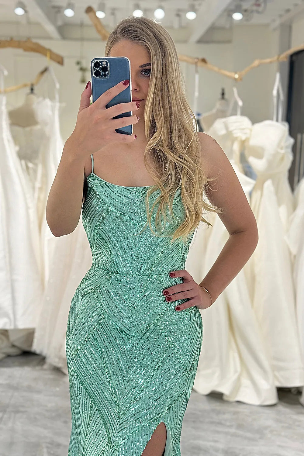 Wholesale Sparkly Green Mermaid Lace Up Back Long Prom Dress With Slit prom dresses shops