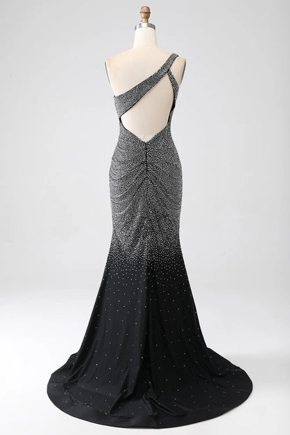 Wholesale Black Sparkly Mermaid One Shoulder Keyhole Back Long Beaded Prom Dress prom dresses shops