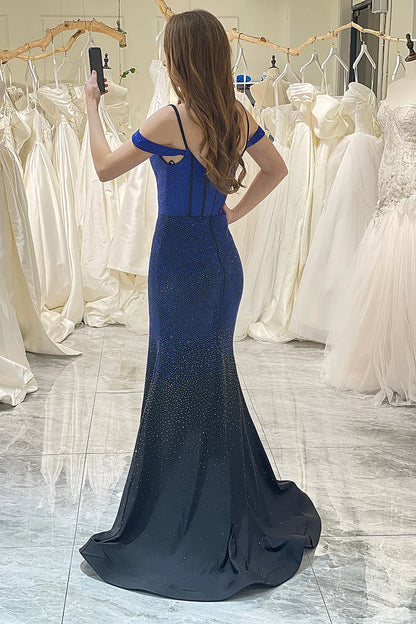 Wholesale Sparkly Navy Mermaid Off The Shoulder Long Beaded Prom Dress With Slit prom dresses shops