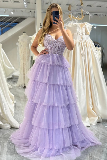 Wholesale Elegant Lilac A-Line Double Straps Tiered Long Tulle Prom Dress prom dresses shops