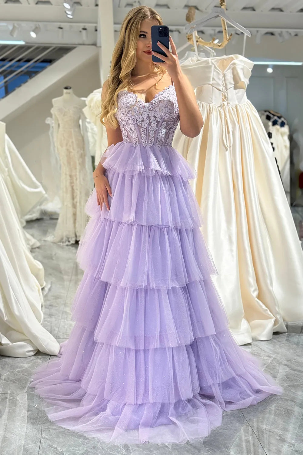 Wholesale Elegant Lilac A-Line Double Straps Tiered Long Tulle Prom Dress prom dresses shops