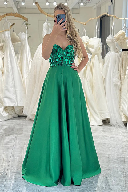 Wholesale Dark Green A-Line Sweetheart Lace Up Long Prom Dress With Mirror prom dresses shops