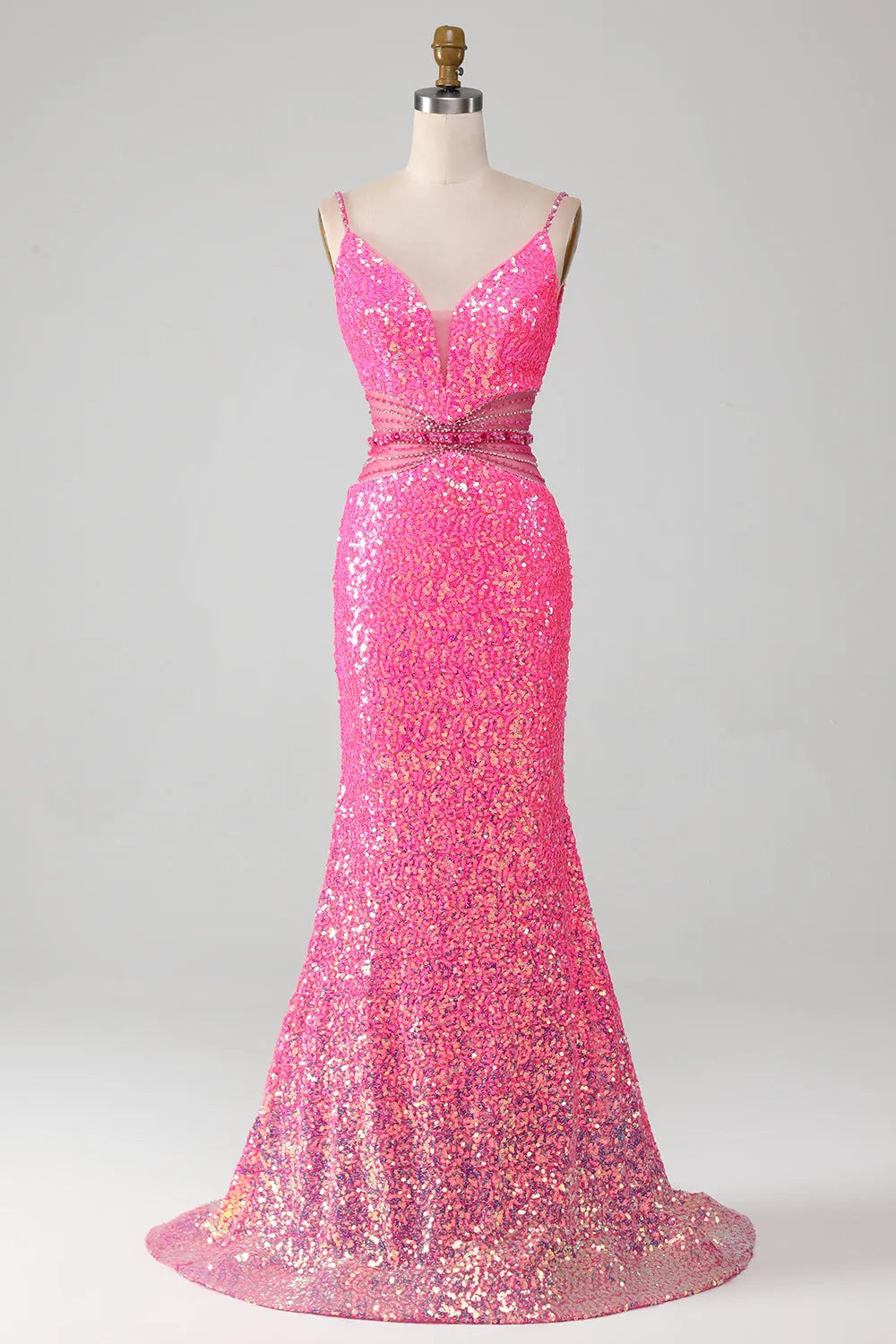 Wholesale Glitter Fuchsia Mermaid Spaghetti Straps Backless Long Prom Dress prom dresses shops