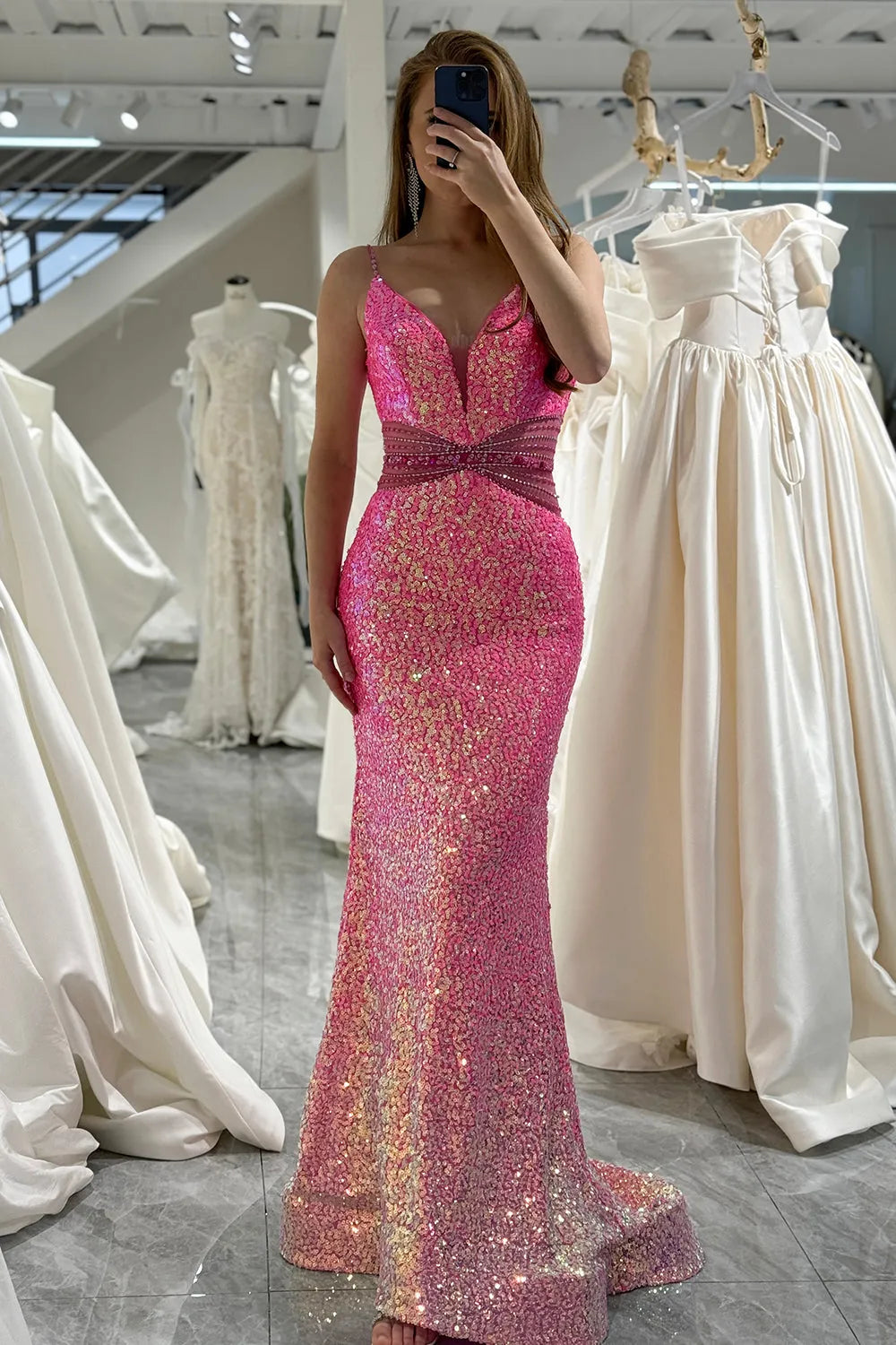 Wholesale Glitter Fuchsia Mermaid Spaghetti Straps Backless Long Prom Dress prom dresses shops