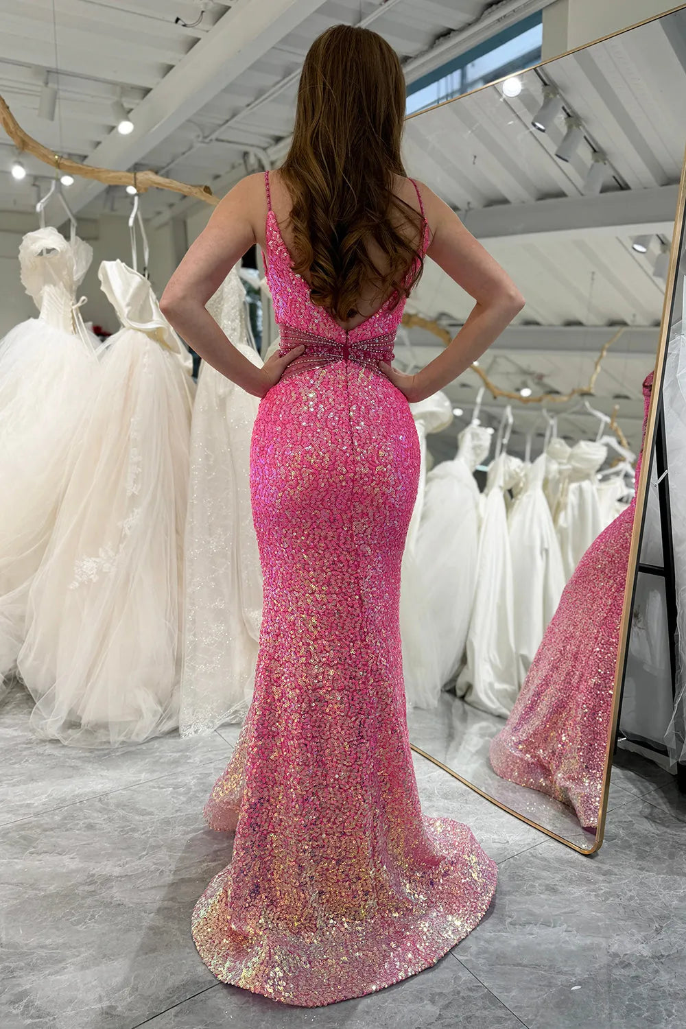 Wholesale Glitter Fuchsia Mermaid Spaghetti Straps Backless Long Prom Dress prom dresses shops