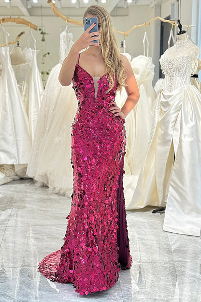 Wholesale Glitter Fuchsia Sequins Mermaid Spaghetti Straps Long Prom Dress With Slit prom dresses shops