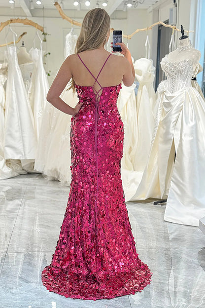 Wholesale Glitter Fuchsia Sequins Mermaid Spaghetti Straps Long Prom Dress With Slit prom dresses shops