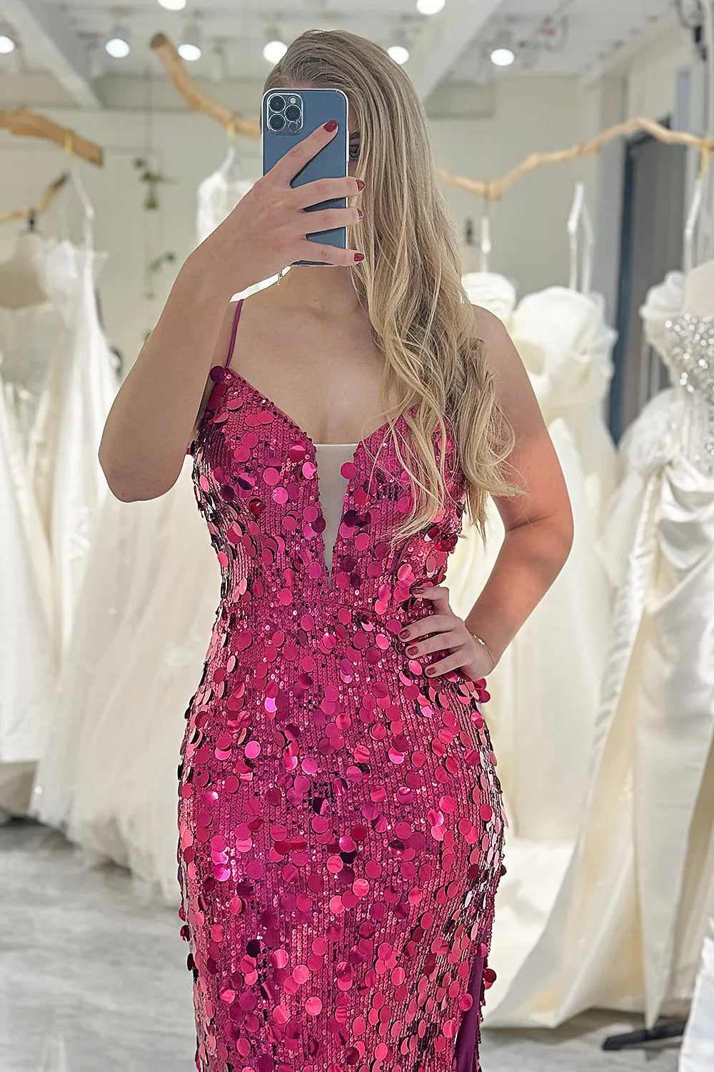 Wholesale Glitter Fuchsia Sequins Mermaid Spaghetti Straps Long Prom Dress With Slit prom dresses shops