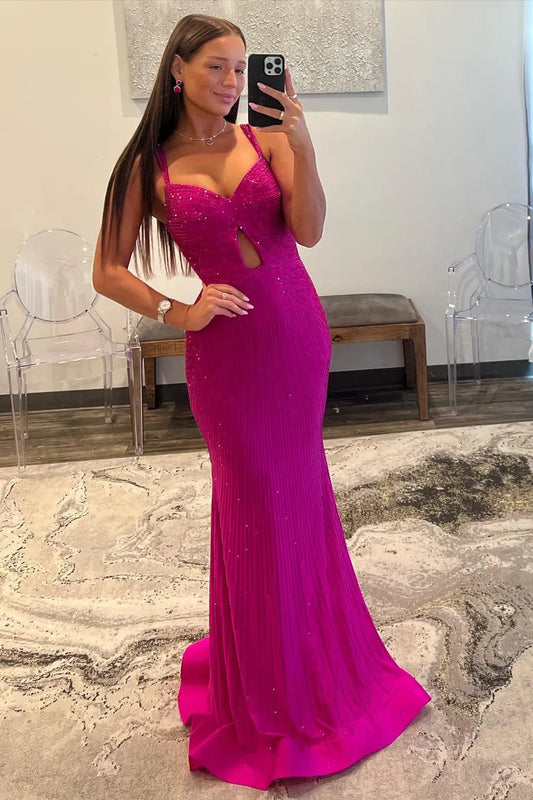 Wholesale Shiny Fuchsia Mermaid Straps Long Corset Beaded Prom Dress prom dresses shops