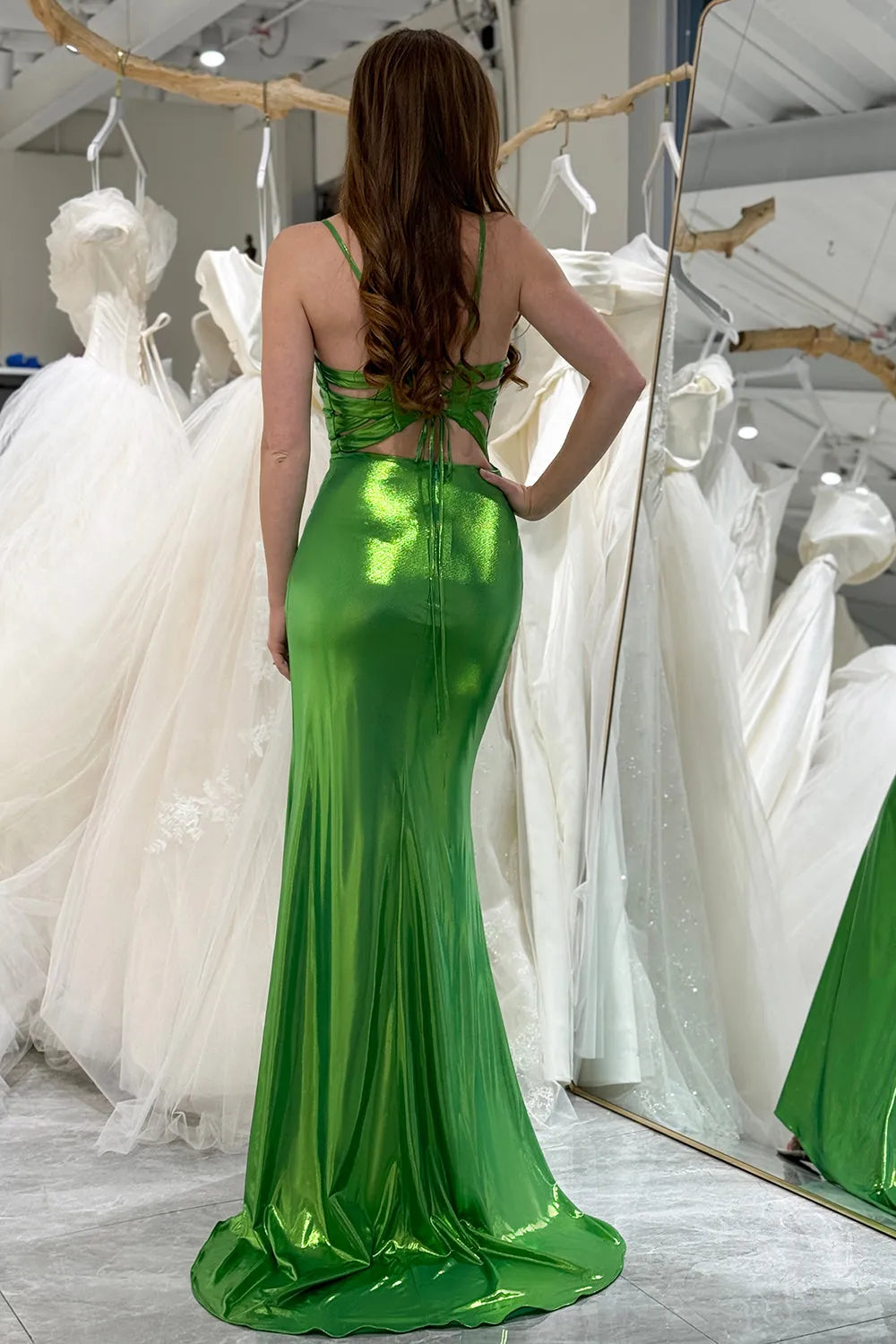 Wholesale Green Mermaid Spaghetti Straps Long Metallic Prom Dress With Slit prom dresses shops