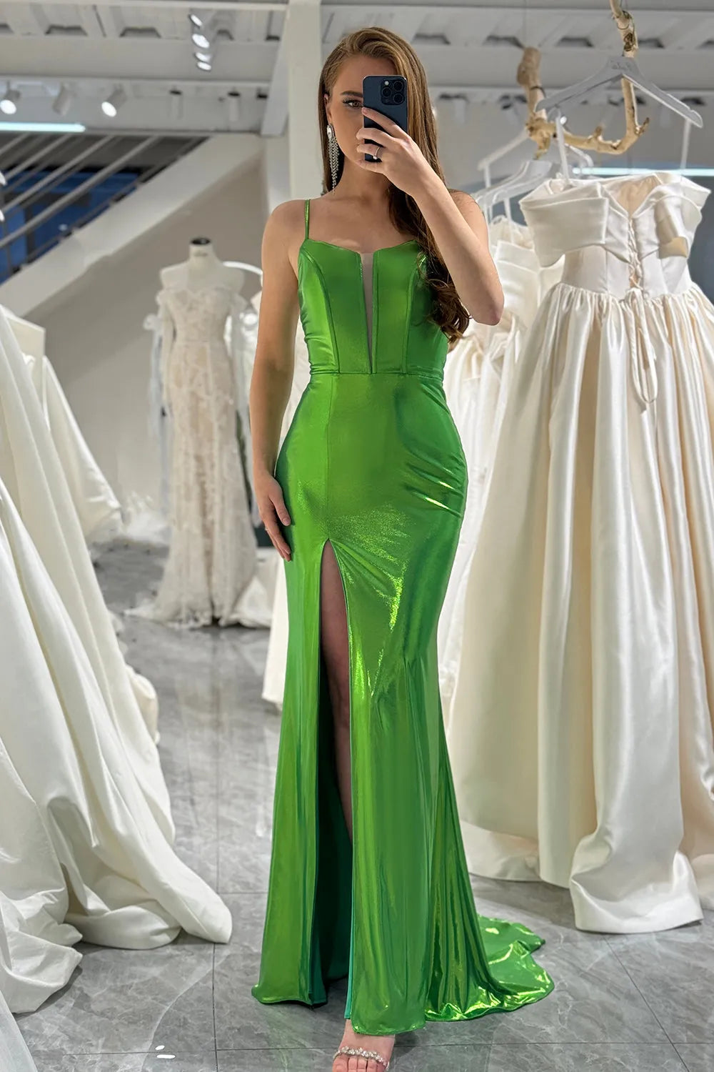 Wholesale Green Mermaid Spaghetti Straps Long Metallic Prom Dress With Slit prom dresses shops