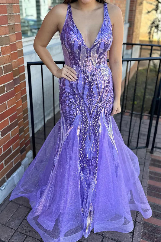 Wholesale Sparkly Purple Mermaid Deep V-Neck Long Prom Dress With Sequin prom dresses shops