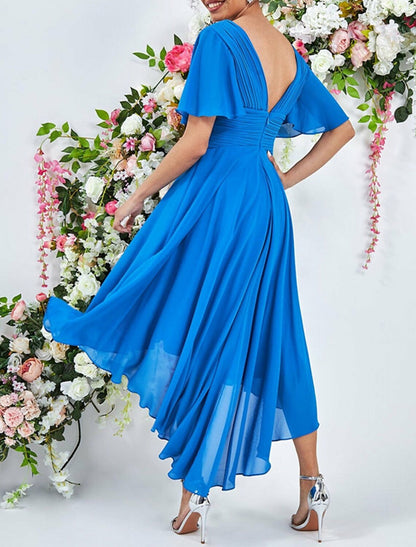 Wholesale A-Line Cocktail Dresses Elegant Dress Wedding Summer Asymmetrical Sleeveless V Neck Chiffon with Ruched