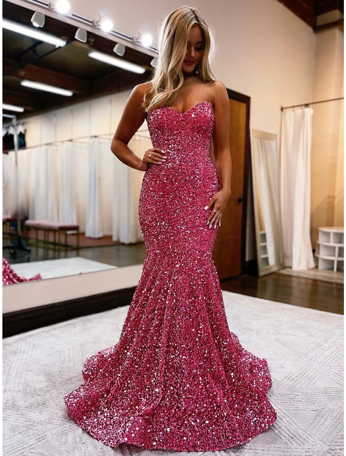 Wholesale  Mermaid / Trumpet Prom Dresses Sparkle & Shine Dress Formal Wedding Party Sweep / Brush Train Sleeveless Sweetheart Sequined Backless with Sequin