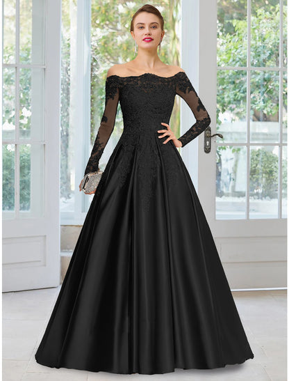 Wholesale A-Line Evening Gown Floral Dress Formal Black Tie Court Train Long Sleeve Off Shoulder Lace with Appliques