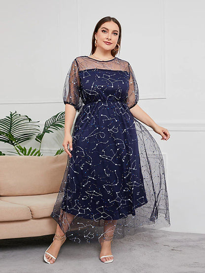 Wholesale Plus Size Curve Mother of the Bride Dress Party Sparkle & Shine Scoop Neck Ankle Length Tulle Half Sleeve with Sequin Embroidery