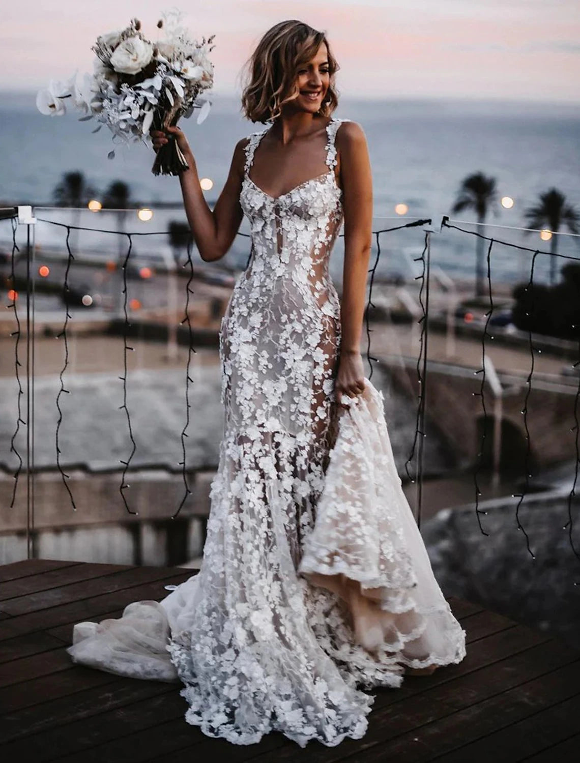 Wholesale Beach Sexy Boho Wedding Dresses Mermaid / Trumpet Sweetheart Regular Straps Court Train Lace Bridal Gowns With Appliques