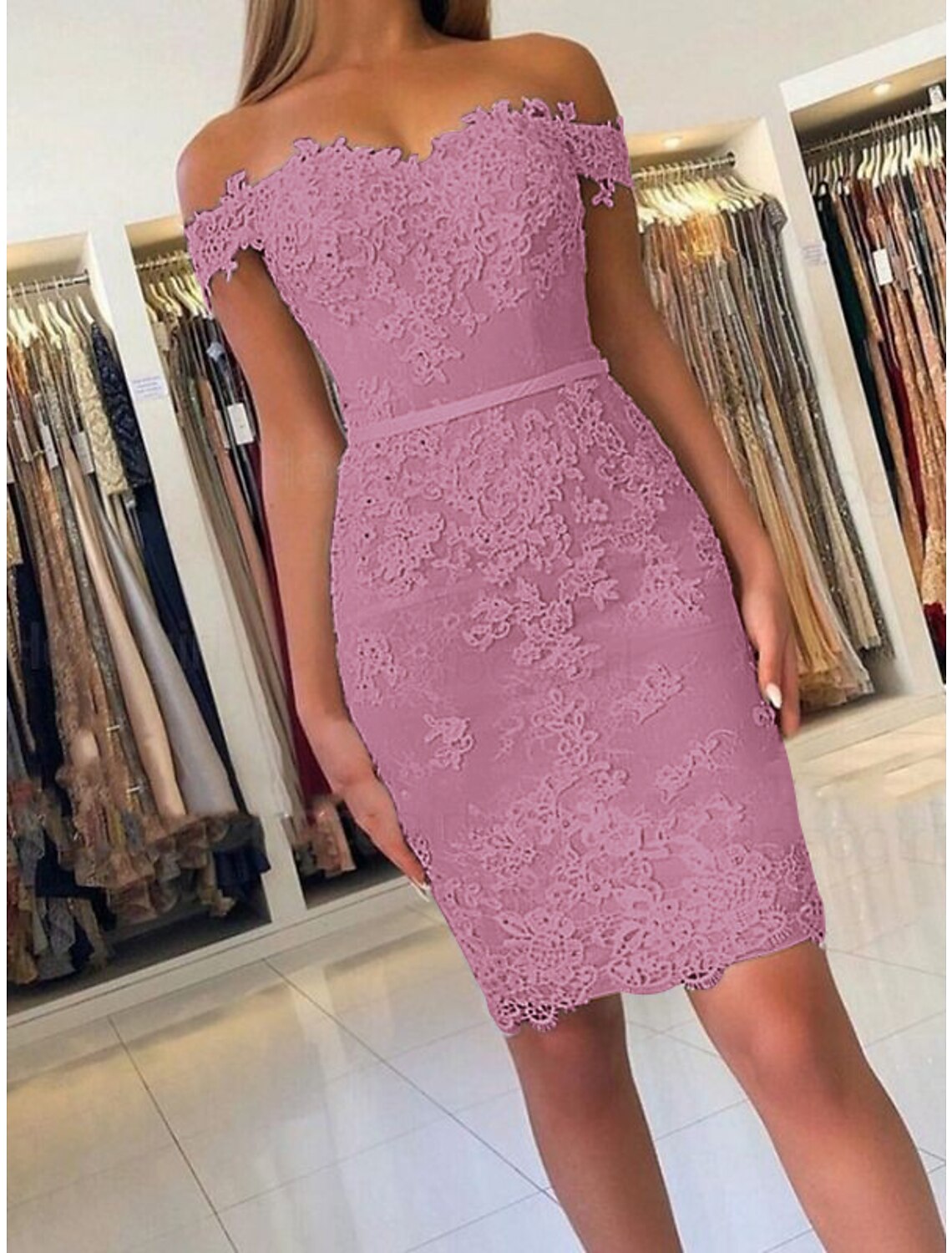 Wholesale Sheath / Column Homecoming Dresses Floral Dress Holiday Cocktail Party Short / Mini Sleeveless Off Shoulder Lace with Appliques