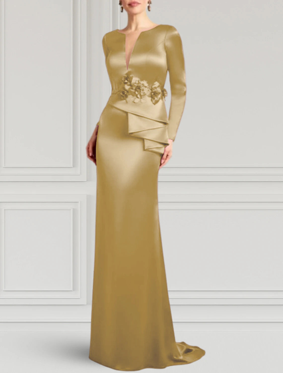 Wholesale Sheath / Column Evening Gown Elegant Dress Formal Wedding Guest Sweep / Brush Train Long Sleeve V Neck Satin with Appliques