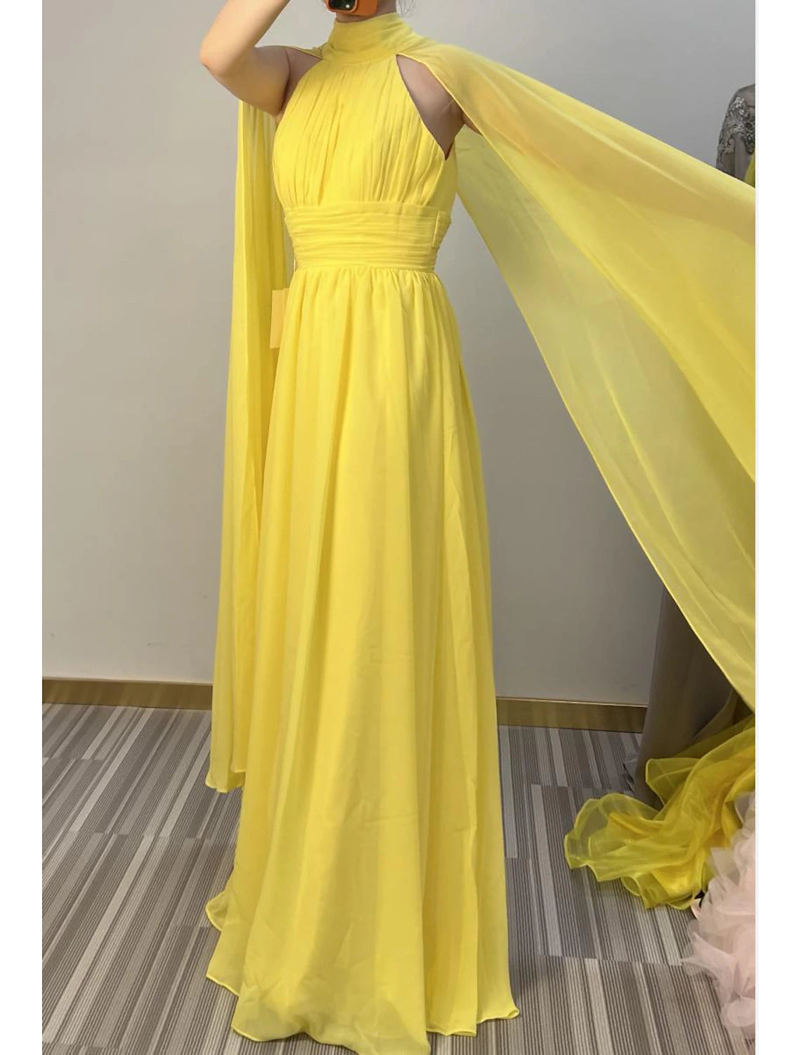 Wholesale A-Line Evening Gown Elegant Dress Formal Wedding Guest Floor Length Sleeveless High Neck Capes Chiffon with Ruched