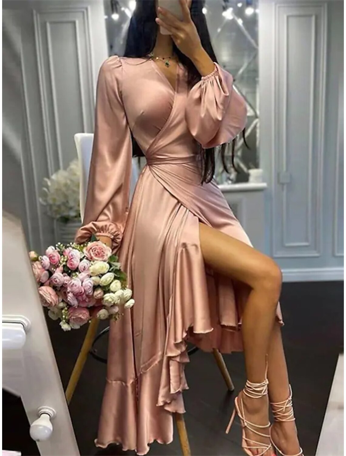 Wholesale A-Line Wedding Guest Dresses High Low Dress Party Wear Semi Formal Asymmetrical Long Sleeve V Neck Satin with Ruffles