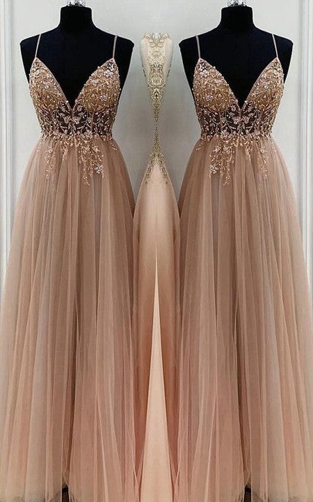 TingPo Wholesale Elegant A-Line/Elegant Beading Tulle Spaghetti Straps Sleeveless Floor-Length Prom Dresses