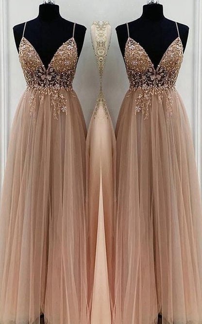 TingPo Wholesale Elegant A-Line/Elegant Beading Tulle Spaghetti Straps Sleeveless Floor-Length Prom Dresses