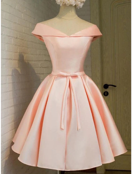 Wholesale A-Line Homecoming Dresses Elegant Dress Holiday Graduation Short / Mini Sleeveless Off Shoulder Pink Dress Satin with Strappy