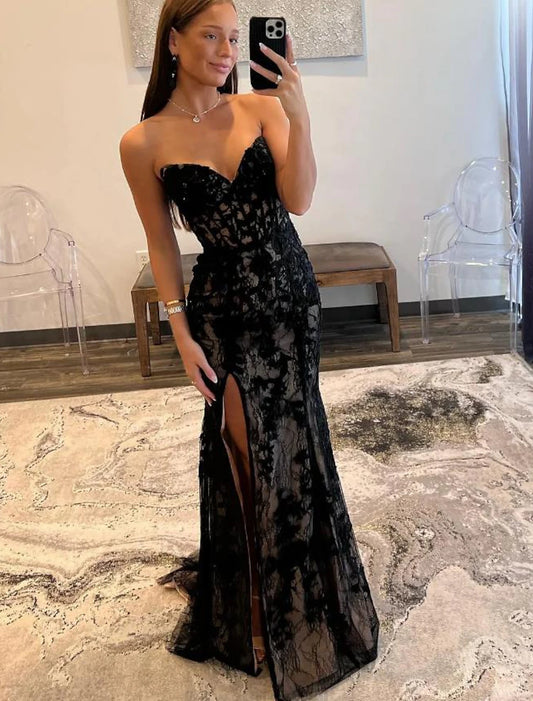 Wholesale A-Line Mermaid / Trumpet Evening Gown Open Back Dress Graduation Prom Sweep / Brush Train Sleeveless Sweetheart Wednesday Addams Family Lace Backless with Glitter Slit Appliques