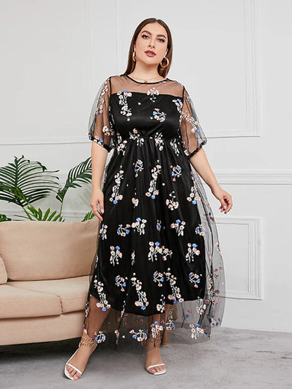 Wholesale Plus Size Curve Mother of the Bride Dress Party Sparkle & Shine Scoop Neck Ankle Length Tulle Half Sleeve with Sequin Embroidery