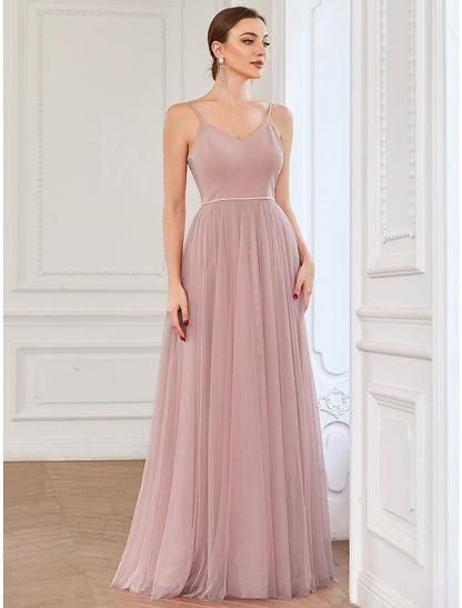 Wholesale  A-Line Prom Dresses Vintage Dress Wedding Guest Prom Floor Length Sleeveless V Neck Bridesmaid Dress Tulle V Back with Pleats Draping