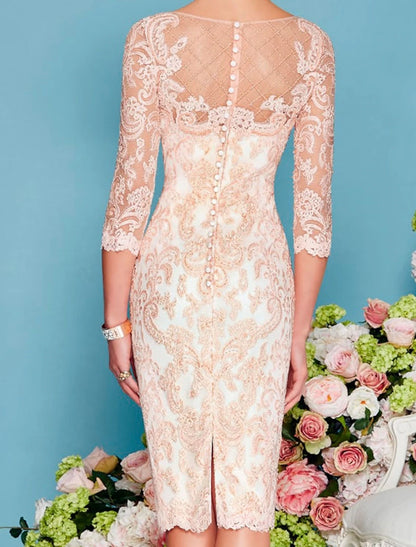 Wholesale Two Piece Sheath / Column Mother of the Bride Dress Formal Wedding Guest Church Elegant Jewel Neck Knee Length Chiffon Lace 3/4 Length Sleeve Wrap Included Jacket Dresses with Beading Appliques