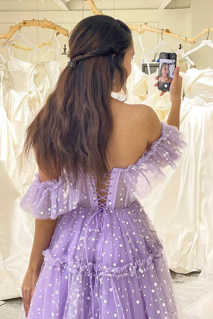 Wholesale Lilac Polka Dot Tulle A Line Off the Shoulder Lace Up Long Prom Dress prom dresses shops