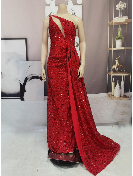 Wholesale Mermaid / Trumpet Sparkle & Shine High Split Prom Formal Evening Dress One Shoulder Sleeveless Court Train Sequined with Sequin