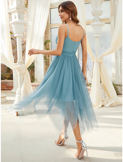 Wholesale A-Line Flirty Cute Cocktail Party Dress V Neck Sleeveless Asymmetrical Tulle with Pearls