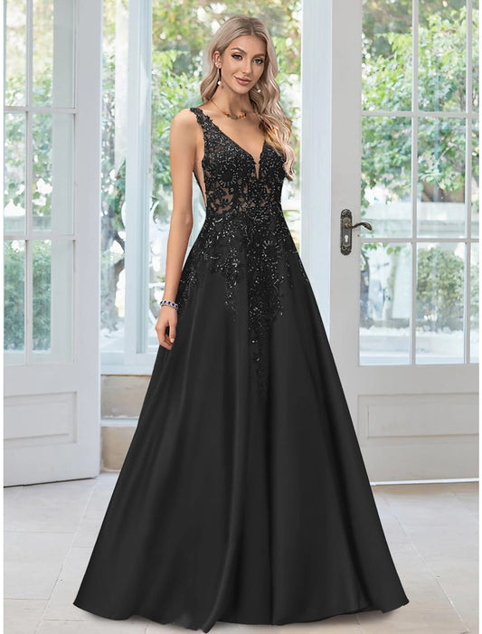 Wholesale A-Line Evening Gown Floral Dress Formal Black Tie Floor Length Sleeveless V Neck Lace with Appliques