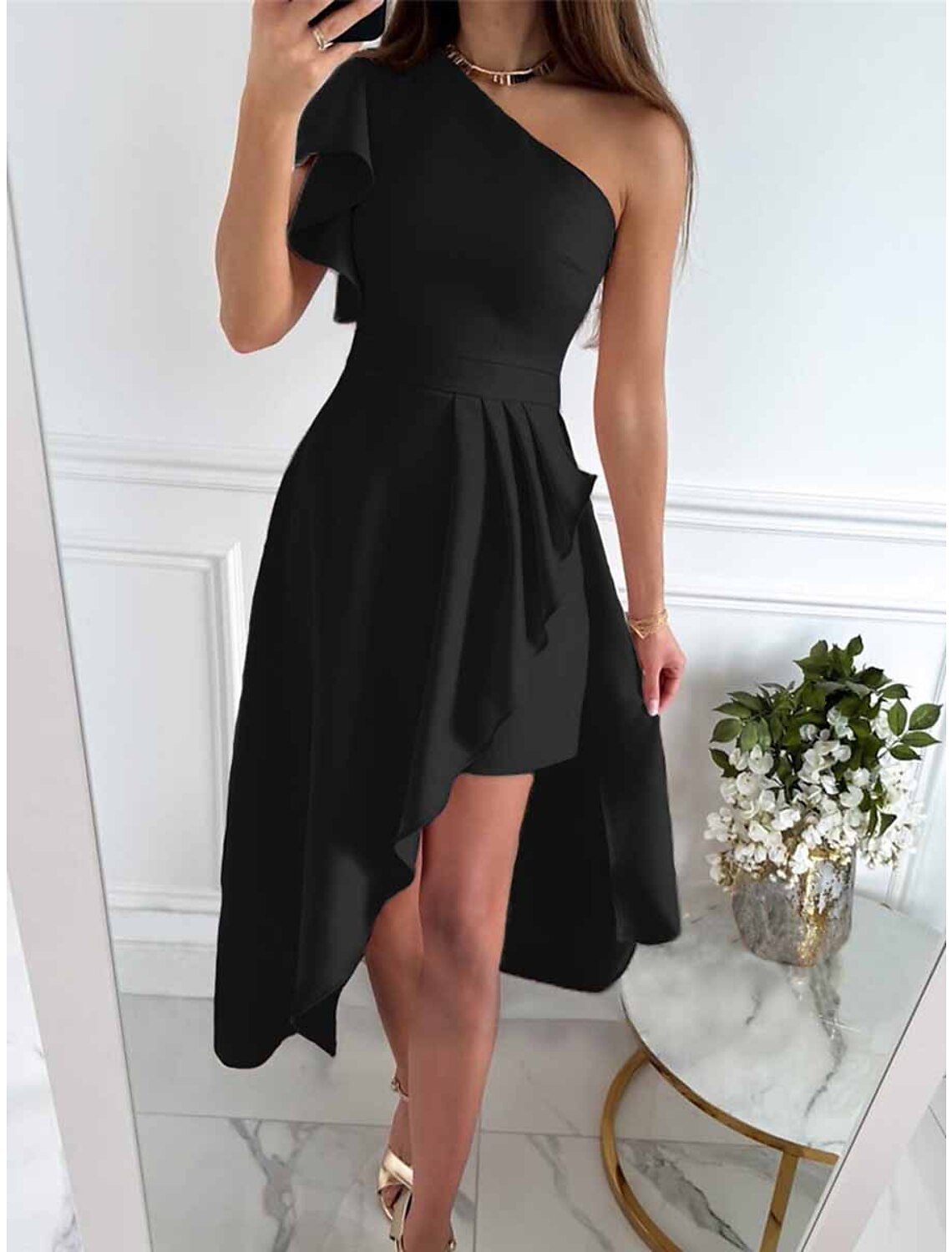 Wholesale Women's Little Black Dress Sexy Dress Party Dress Homecoming Dress Mini Dress Pink Wine Short Sleeve Ruffle Spring Fall One Shoulder Fashion Wedding Guest