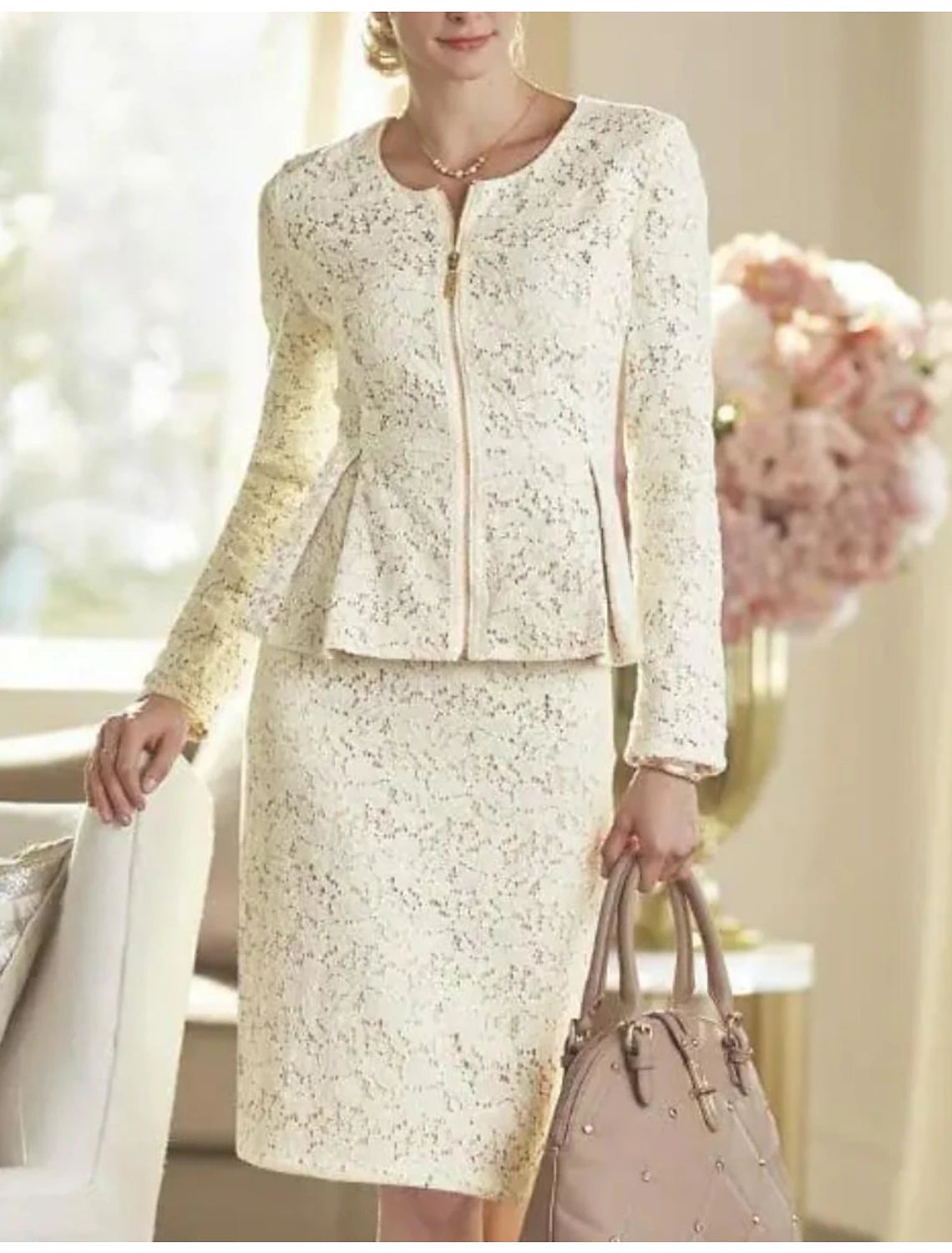 Wholesale Two Piece Sheath / Column Mother of the Bride Dress Wedding Guest Party Elegant Winter With Jacket Long Sleeve Scoop Neck Knee Length Lace Solid Color