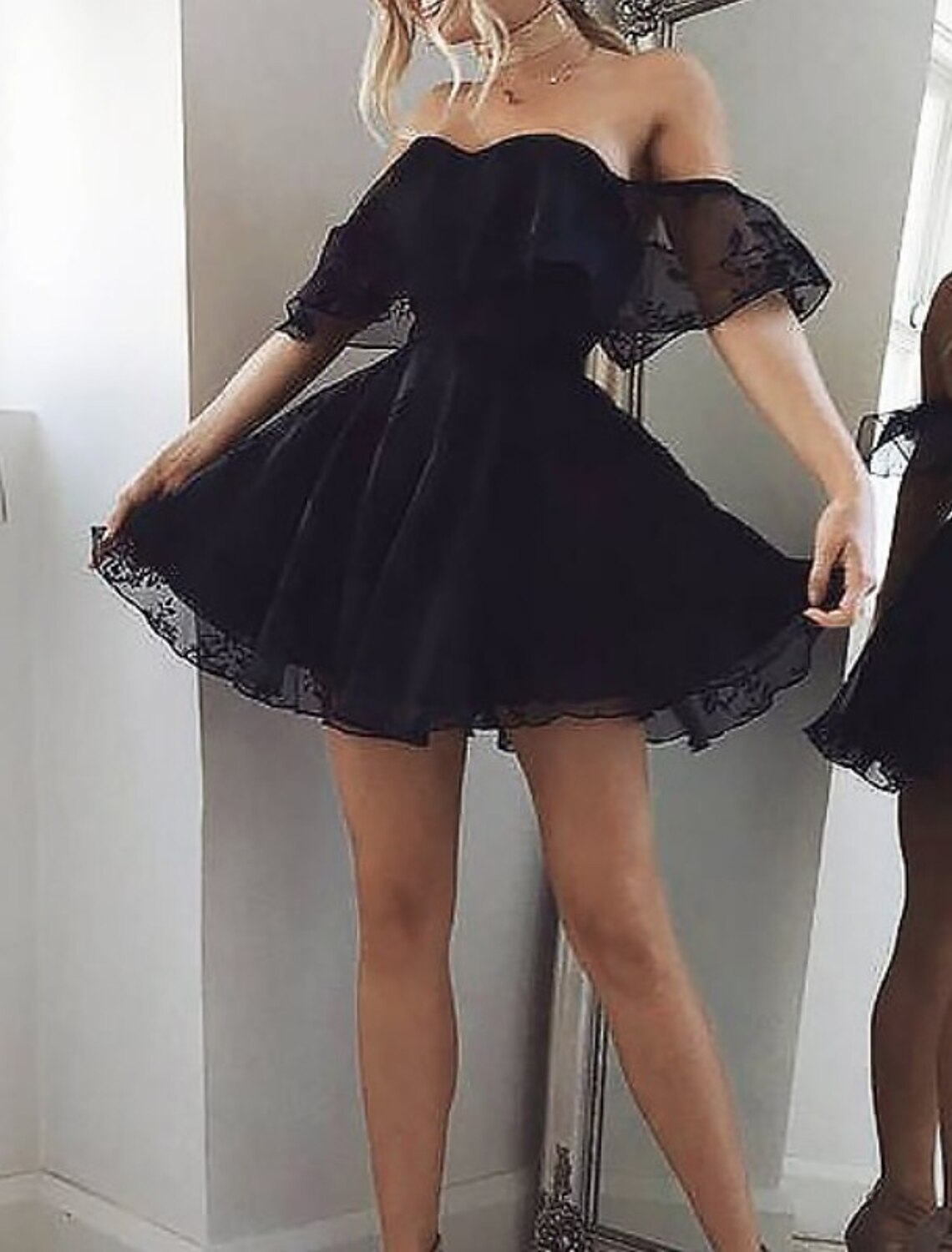 Wholesale A-Line Homecoming Dresses Little Black Dress Dress Holiday Graduation Short / Mini Sleeveless Off Shoulder Lace with Appliques