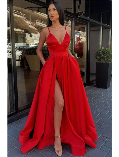 Wholesale A-Line Black Prom Dress High Split Evening Dress Formal Birthday Summer Dress Spaghetti Strap Sleeveless Sweep / Brush Train Satin with Pleats